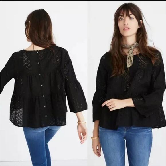 Madewell Eyelet Ruffle Peplum Black Blouse Button Back Top Boho Casual Size XS - Picture 1 of 15